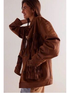 New Free People Vegan Suede Fringe Barn Jacket We The Free Knox Brown Medium